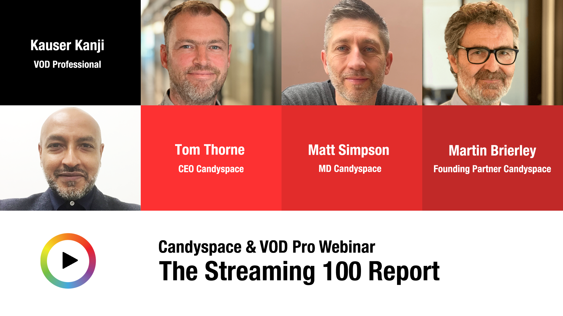 Tiles showing Tom Thorne, Matt Simpson, Martin Brierley of Candyspace and Kauser Kanji from VOD Professional